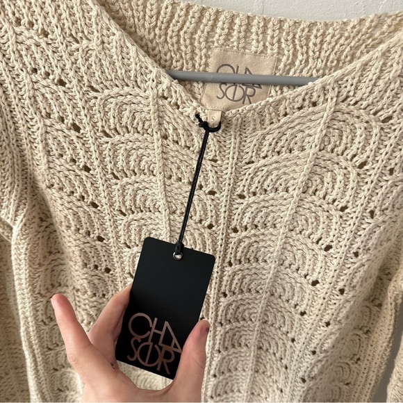 Chaser Cream Knit Crochet Scallop Slit Long Sleeve Pullover Sweater Small - Picture 4 of 6